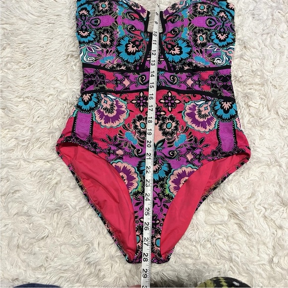 Nanette Lepore Swimsuit Womens Large Floral Pink Print Strapless Bathing - Picture 3 of 12